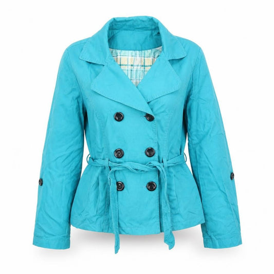 Front view of Debenhams women’s blue pea coat coat, size UK 14