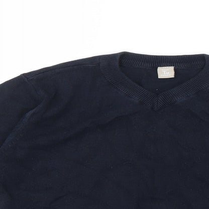 Close-up detail of Tu boys’ blue knit jumper, size 6, years - school