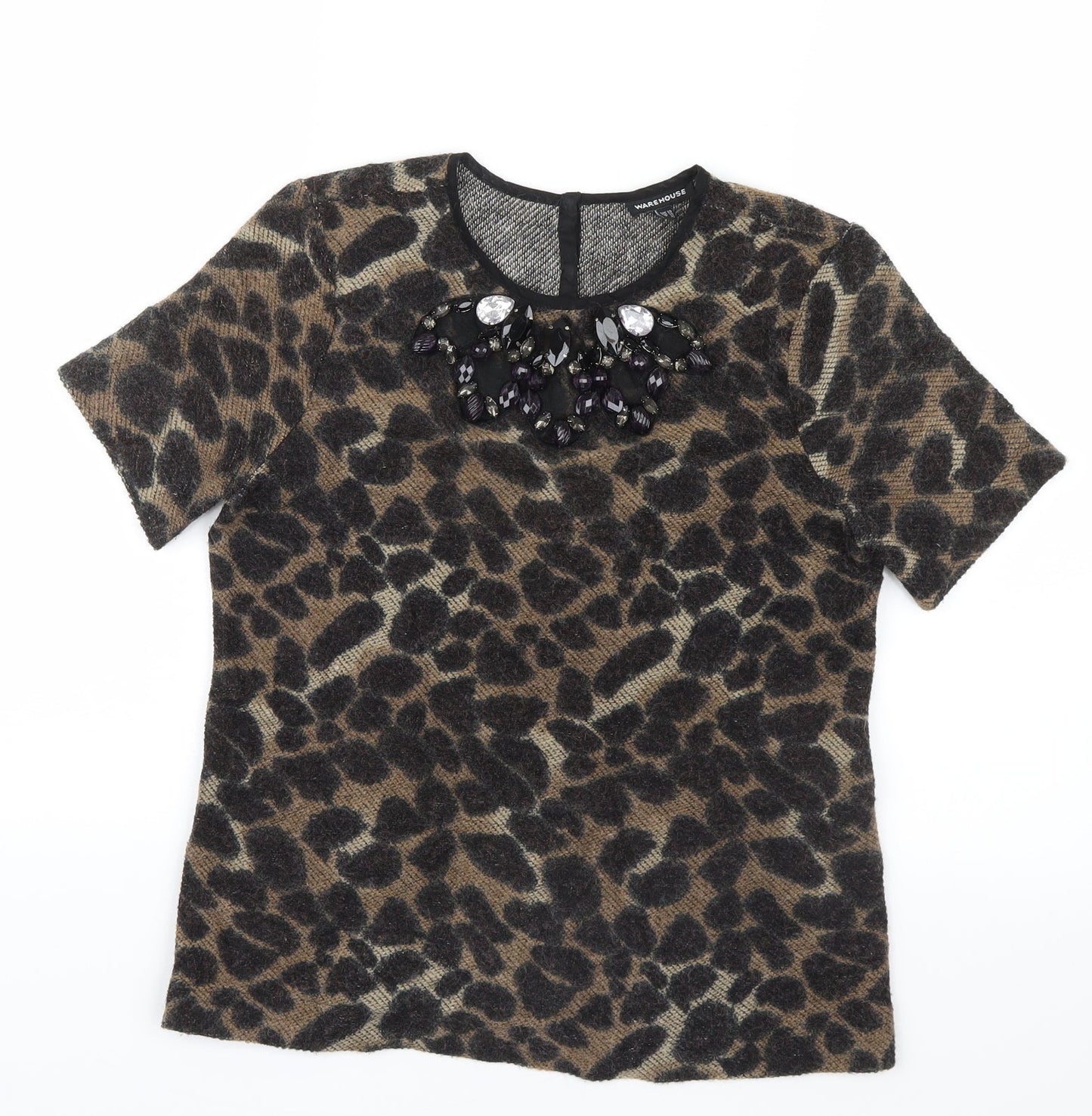 Warehouse Womens Brown Animal Print  Basic T-Shirt Size 10