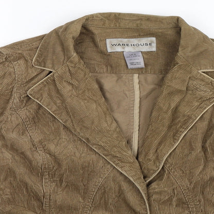 Close-up detail of Warehouse women’s beige corduroy jacket blazer, size UK 8