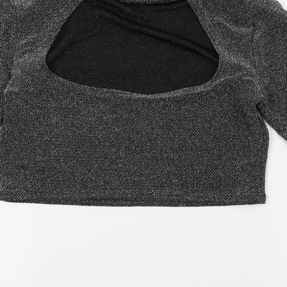 Brand and care label for H&M women’s silver basic blouse, size M