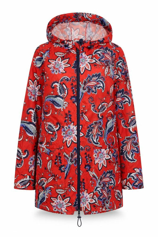 Front view of F&F women’s red paisley parka coat, size S, - drawstring