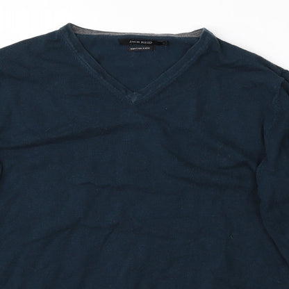 Close-up detail of Jack Reid men’s blue jumper, size S