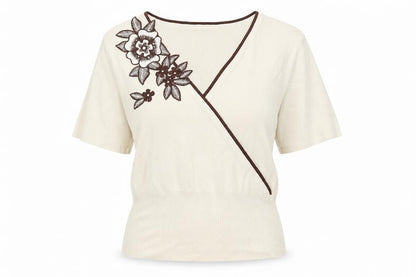 Front view of Sky Designs women’s beige basic t-shirt, size M, - flowers