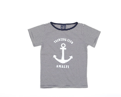 Additional front view of Desiderio girls’ blue striped basic t-shirt, size S, - yachting club amalfi