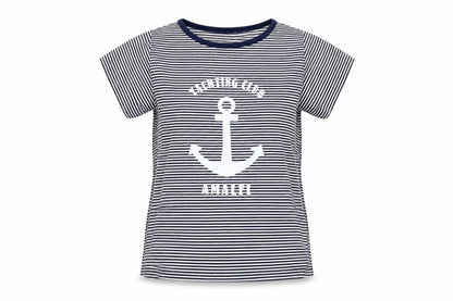Front view of Desiderio girls’ blue striped basic t-shirt, size S, - yachting club amalfi