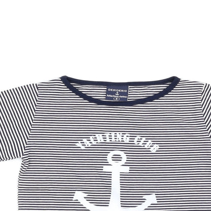 Close-up detail of Desiderio girls’ blue striped basic t-shirt, size S, - yachting club amalfi