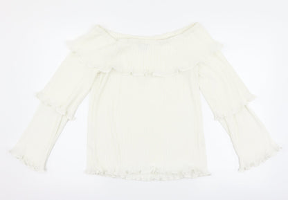Front view of PRETTYLITTLETHING women’s white basic blouse, size UK 12, - pleated