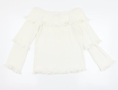 Back view of PRETTYLITTLETHING women’s white basic blouse, size UK 12, - pleated