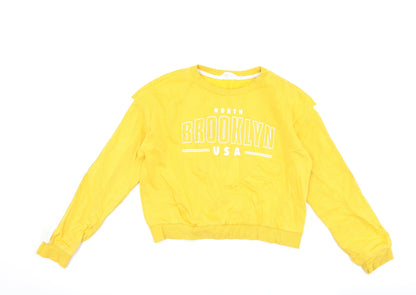 Front view of H&M girls’ yellow pullover sweatshirt, size 11-12, years - brooklyn