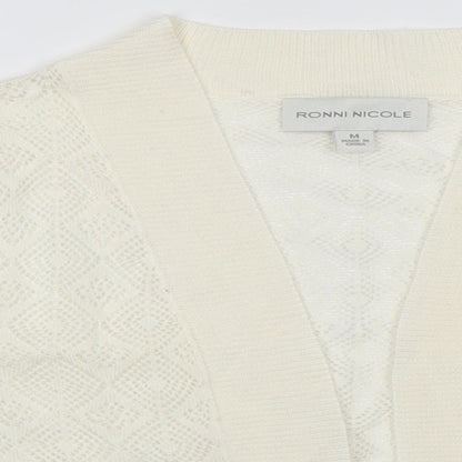 Close-up detail of Ronni Nicole women’s white cardigan jumper, size M