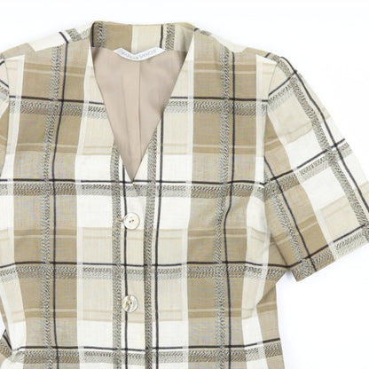 Close-up detail of Marks & Spencer women’s beige plaid jacket blazer, size UK 12