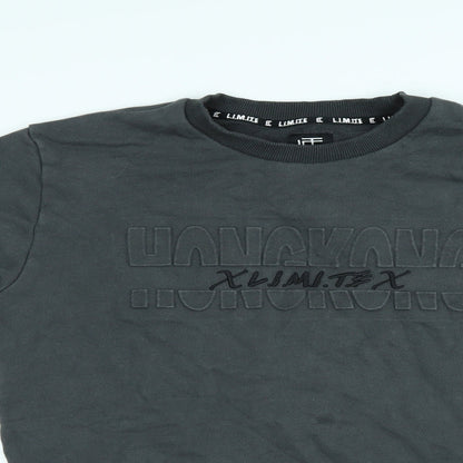Close-up detail of L.I.M.I.T.E men’s grey jumper, size M