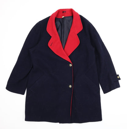 Front view of Woolmark women’s blue overcoat coat, size UK 14