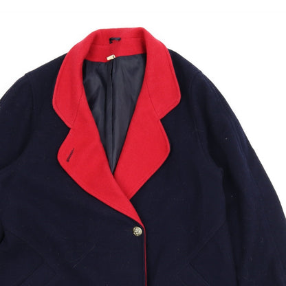 Close-up detail of Woolmark women’s blue overcoat coat, size UK 14