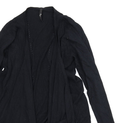 Close-up detail of Evie women’s black cardigan jumper, size UK 18, - draped