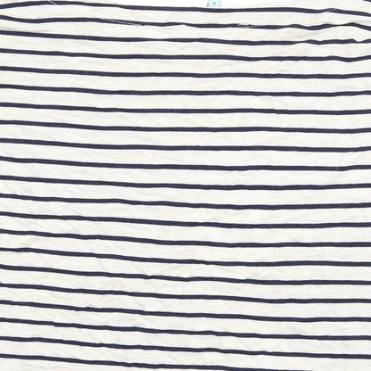 Brand and care label for New Look women’s beige striped basic blouse, size UK 8