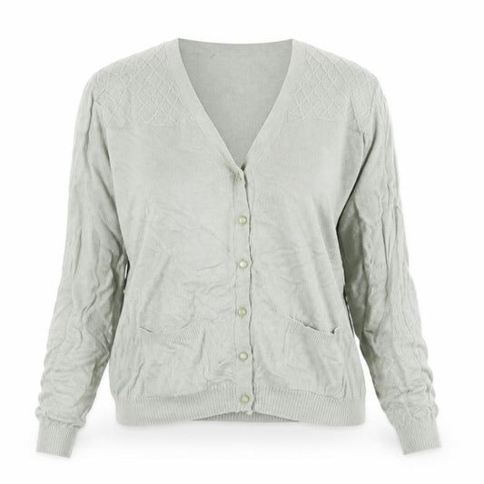 Front view of Isle women’s green cardigan jumper, size UK 14