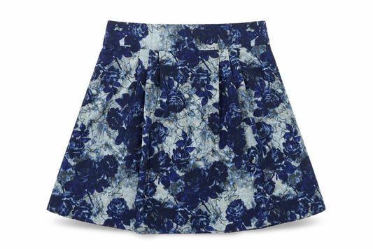 Front view of Preworn women’s black floral flare skirt, size UK 10