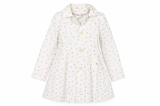 Front view of Marks & Spencer women’s white polka dot pea coat coat, size UK 12