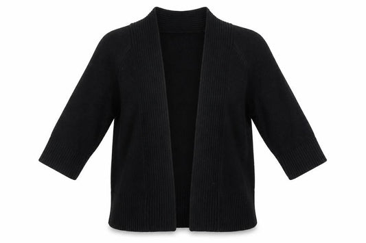 Front view of Vanilla Sands women’s black cardigan jumper, size UK 10
