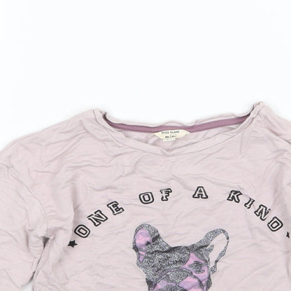 Close-up detail of River Island girls’ pink jersey pullover sweatshirt, size 4-5, years - pug