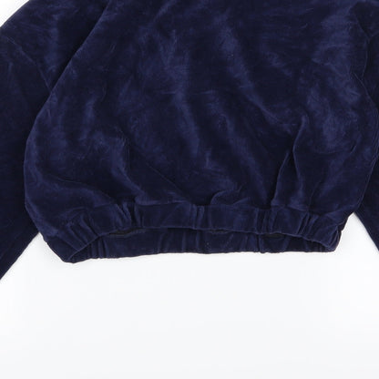 Brand and care label for Evra women’s blue corduroy pullover sweatshirt, size L