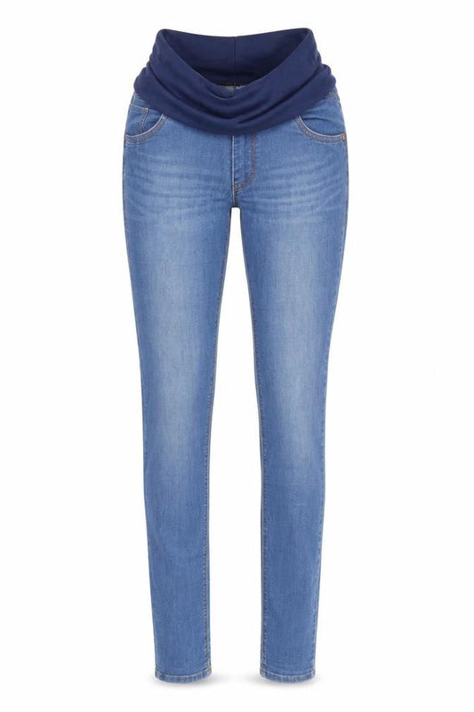 Front view of Mama women’s blue straight jeans, size UK 6, 31-inch leg