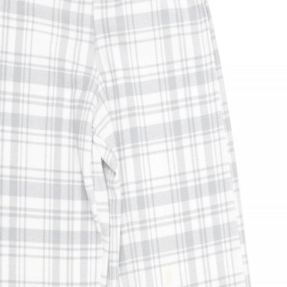 Close-up detail of Boohoo women’s white check trousers, size UK 8, 32-inch leg