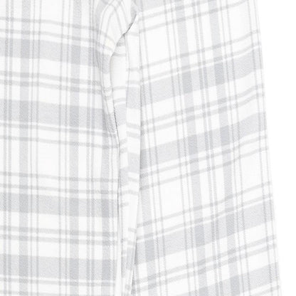 Brand and care label for Boohoo women’s white check trousers, size UK 8, 32-inch leg