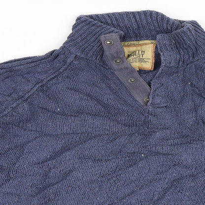 Close-up detail of Marks & Spencer men’s blue henley jumper, size XL