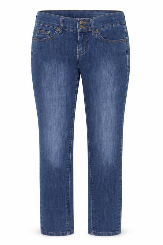 Front view of TG women’s blue straight jeans, size UK 12, 28-inch leg