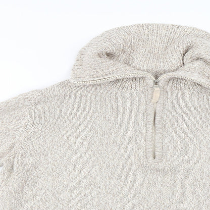 Close-up detail of BHS women’s beige henley jumper, size UK 16