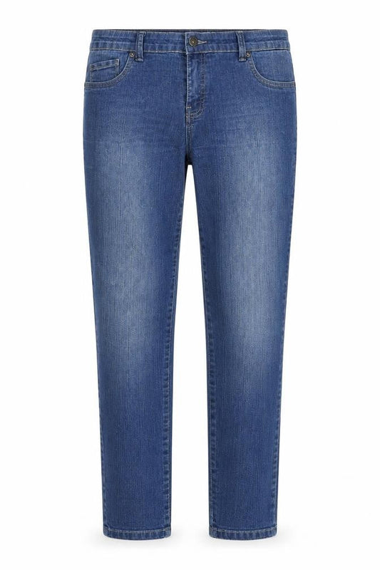 Front view of essential denim women’s blue straight jeans, size UK 34, in, 30-inch leg