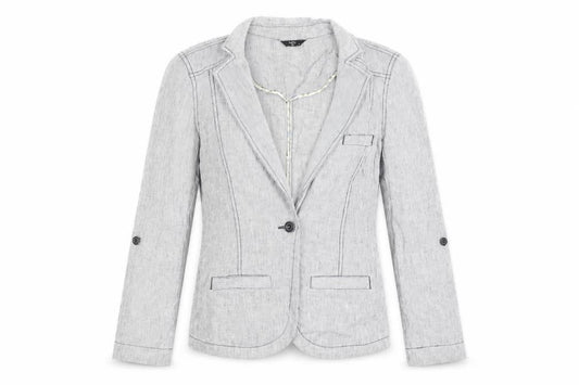Front view of M&Co women’s grey striped jacket coat, size UK 8