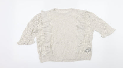 Additional front view of Marks & Spencer women’s beige knit jumper, size UK 12, - open knit