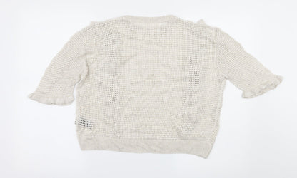 Back view of Marks & Spencer women’s beige knit jumper, size UK 12, - open knit