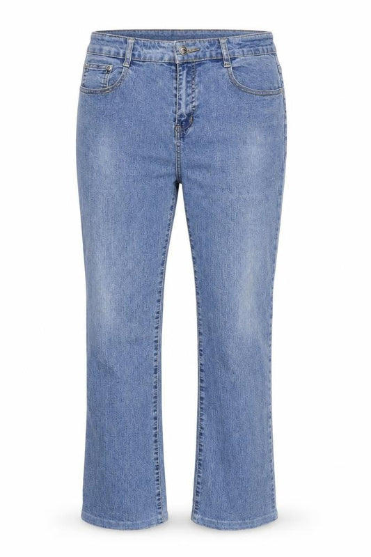 Front view of Miss cherry women’s blue straight jeans, size M, 30-inch leg