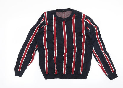 Front view of New Look men’s blue striped pullover sweatshirt, size S