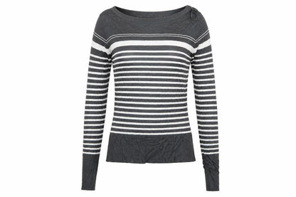 Front view of Next women’s grey striped jumper, size UK 8