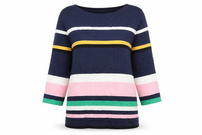 Front view of F&F women’s blue striped jumper, size UK 8