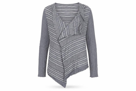 Front view of Next women’s grey striped cardigan jumper, size L