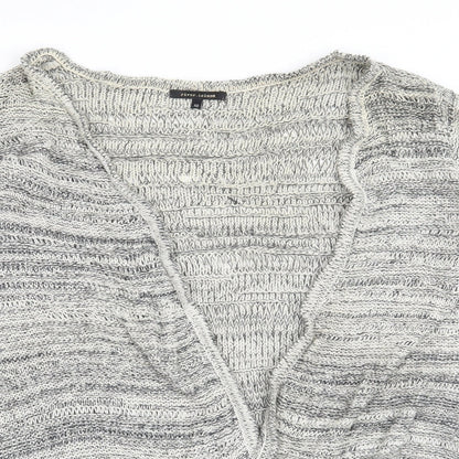Close-up detail of River Island women’s blue cardigan jumper, size UK 10