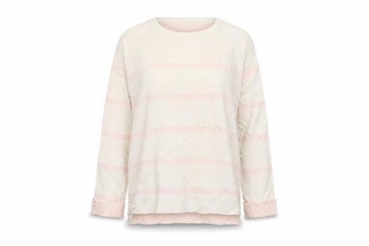 Front view of Etam women’s beige striped jumper, size S