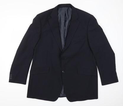 Front view of Preworn men’s blue striped jacket suit jacket, size 44