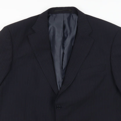 Close-up detail of Preworn men’s blue striped jacket suit jacket, size 44
