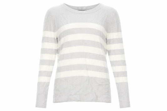 Front view of Marks & Spencer women’s grey striped jumper, size UK 10