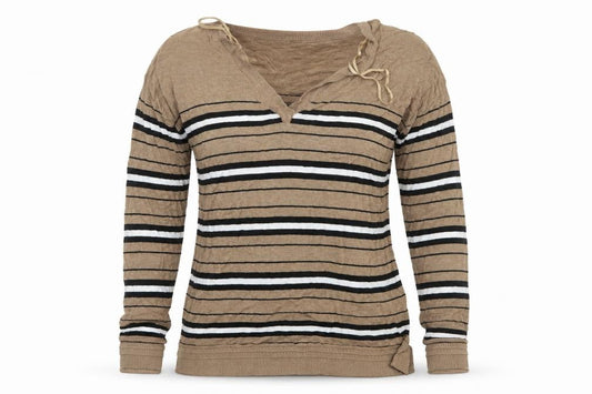 Front view of Next women’s brown striped knit jumper, size UK 14