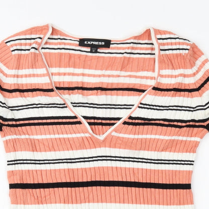 Close-up detail of Express women’s pink striped basic blouse, size M