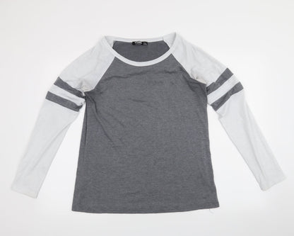Additional front view of Yoins women’s grey basic blouse, size UK 6, - stripes on sleeves